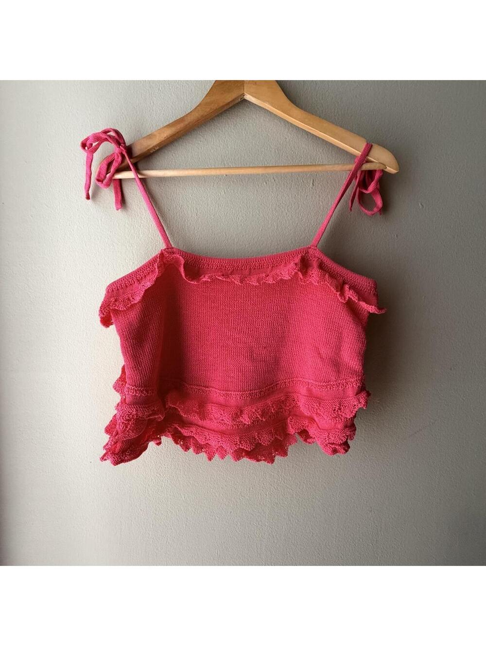 Scoop Hot Pink Ruffle Knit Tie-Strap Tank Top • Medium